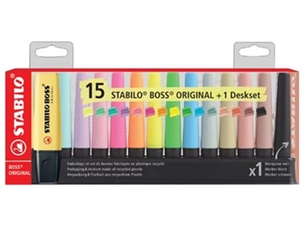 Een STABILO BOSS markeerstift pastel en natuur, geassorteerde kleuren met zwart, deskset van 15 stuks koop je bij Supplierz BV