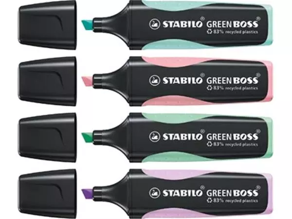 Een STABILO GREENBOSS PASTEL markeerstift, blister van 4 stuks in geassorteerde kleuren koop je bij ShopXPress