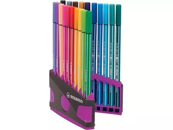 Een STABILO Pen 68 brush, ColorParade, lila-grijze doos, 20 stuks in geassorteerde kleuren koop je bij ShopXPress