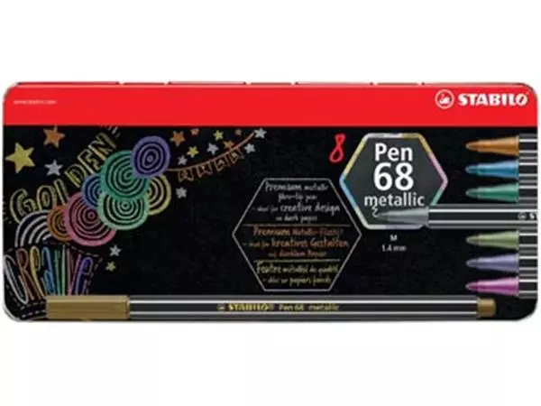 Een STABILO Pen 68 metallic viltstift, 8 kleuren, metalen doos van 8 stuks koop je bij ShopXPress