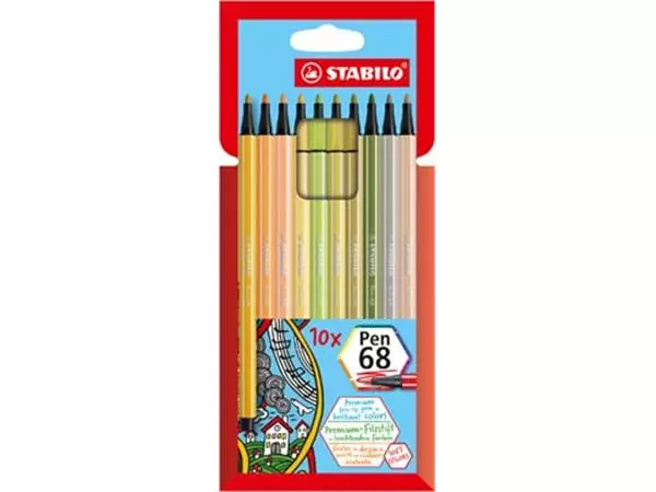 Een STABILO Pen 68 viltstift, kartonnen etui van 10 stuks in geassorteerde zachte kleuren koop je bij ShopXPress