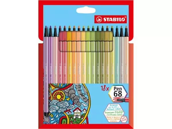 Een STABILO Pen 68 viltstift, kartonnen etui van 18 stuks in geassorteerde zachte kleuren koop je bij ShopXPress