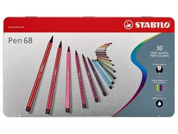 Een STABILO Pen 68 viltstift, metalen doos van 30 stiften in geassorteerde kleuren koop je bij ShopXPress