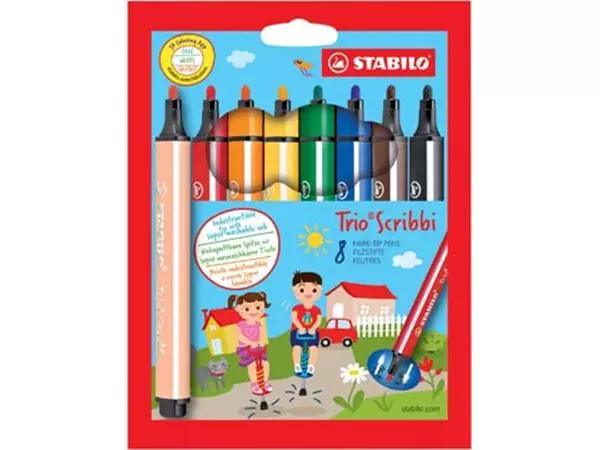 Een STABILO Trio Scribbi viltstift, blister van 8 stuks in geassorteerde kleuren koop je bij ShopXPress