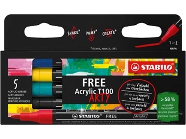 Buy your STABILO free acrylmarker T100 Royal, ronde punt, 1-2 mm, geassorteerde kleuren, pak van 5 stuks at Supplierz BV