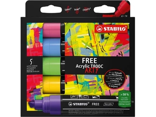 Een STABILO free acrylmarker T800 Seaside, schuine punt, 4-10 mm, geassorteerde kleuren, pak van 5 stuks koop je bij Supplierz BV