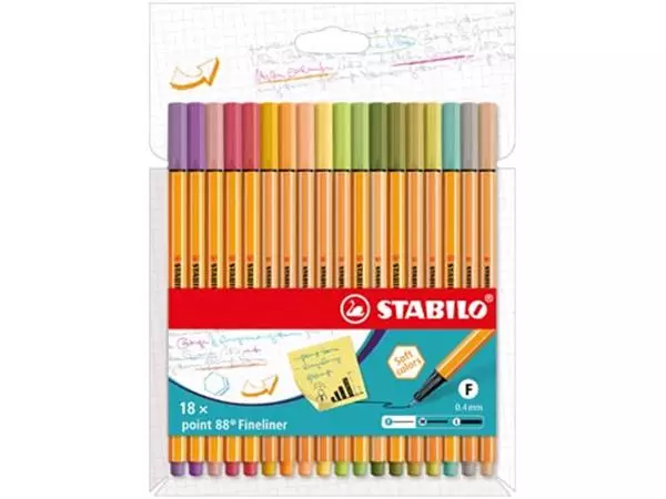 Een STABILO point 88 fineliner, kartonnen etui van 18 stuks in geassorteerde zachte kleuren koop je bij ShopXPress
