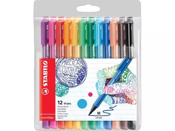 Een STABILO pointMax schrijfstift, 0,8 mm, etui van 12 stuks in geassorteerde kleuren koop je bij ShopXPress