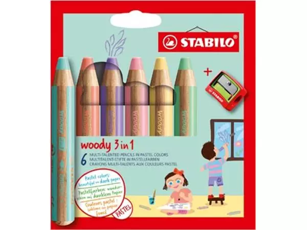 Een STABILO woody 3in1 kleurpotlood, etui van 6 stuks in pastel kleuren koop je bij ShopXPress