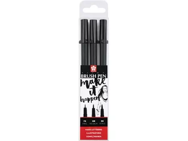 Een Sakura brushpen Pigma Brush, etui van 3 stuks, zwart koop je bij ShopXPress