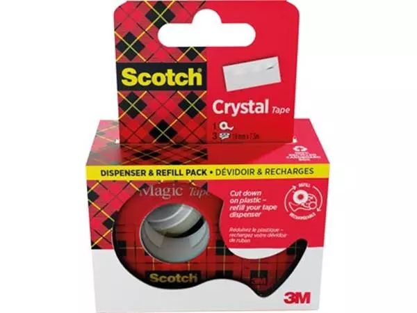 Een Scotch Crystal Tape plakband ft 19 mm x 7,5 m, dispenser + 3 rolletjes, ophangbaar doosje koop je bij ShopXPress