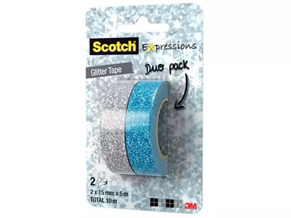 Een Scotch Expressions glitter tape, 15 mm x 5 m, blister met 2 stuks in geassorteerde kleuren koop je bij ShopXPress