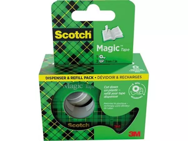 Een Scotch Magic Tape plakband ft 19 mm x 7,5 m, dispenser + 3 rolletjes, ophangbaar doosje koop je bij ShopXPress