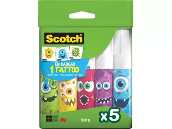 Een Scotch lijmstift Monster permanent, doos van 5 x 8 g, 2 clipstrips van 12 dozen per strip koop je bij ShopXPress