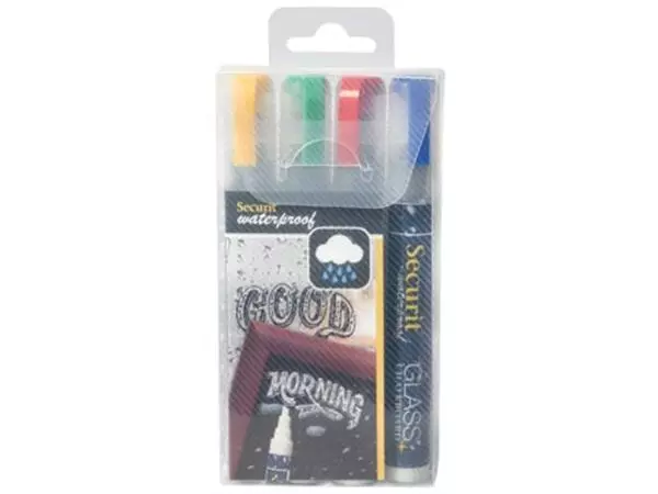 Een Securit Waterproof krijtmarker medium, blister met 4 stuks in geassorteerde kleuren koop je bij ShopXPress