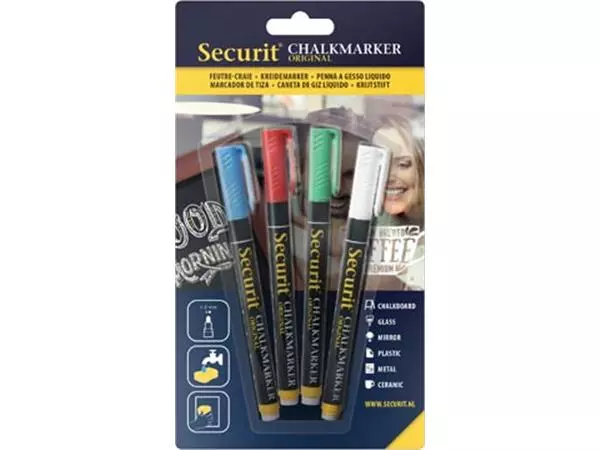 Een Securit krijtmarker small, blister met 4 stuks in geassorteerde kleuren koop je bij ShopXPress