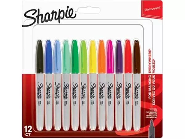 Een Sharpie permanente marker, fijn, blister van 12 stuks in geassorteerde kleuren koop je bij ShopXPress