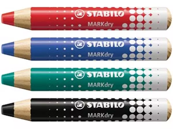Een Stabilo MARKdry potlood voor whiteboards, etui van 4 stuks in geassorteerde kleuren koop je bij ShopXPress