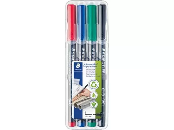 Een Staedtler Lumocoler 313, OHP-marker, permanent, 0,4 mm, etui van 4 stuks in geassorteerde kleuren koop je bij ShopXPress