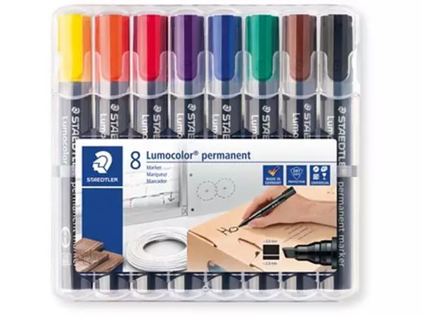 Een Staedtler Lumocolor 350, permanent marker, schuine punt, 2 - 5 mm, etui van 8 stuks in geassorteerde kleu koop je bij ShopXPress