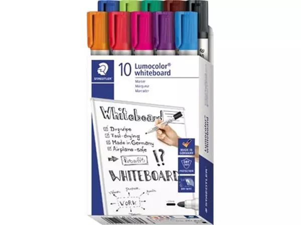 Een Staedtler Lumocolor whiteboardmarker, doos van 10 stuks in geassorteerde kleuren koop je bij ShopXPress