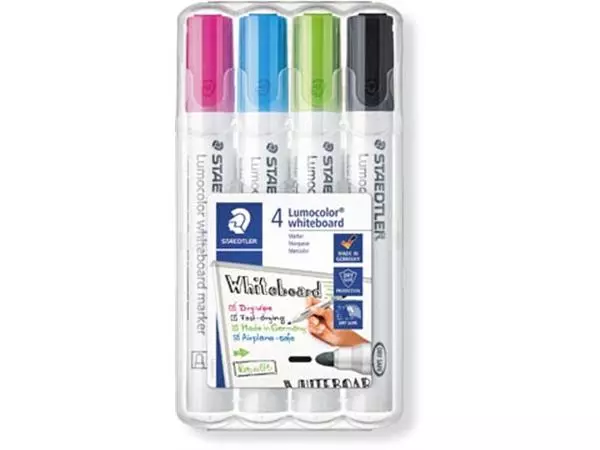 Een Staedtler Lumocolor whiteboardmarker etui van 4 stuks in geassorteerde kleuren koop je bij ShopXPress