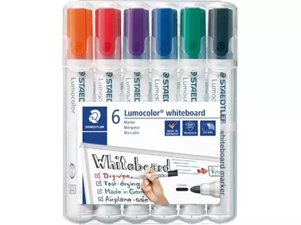Een Staedtler Lumocolor whiteboardmarker etui van 6 stuks in geassorteerde kleuren koop je bij ShopXPress
