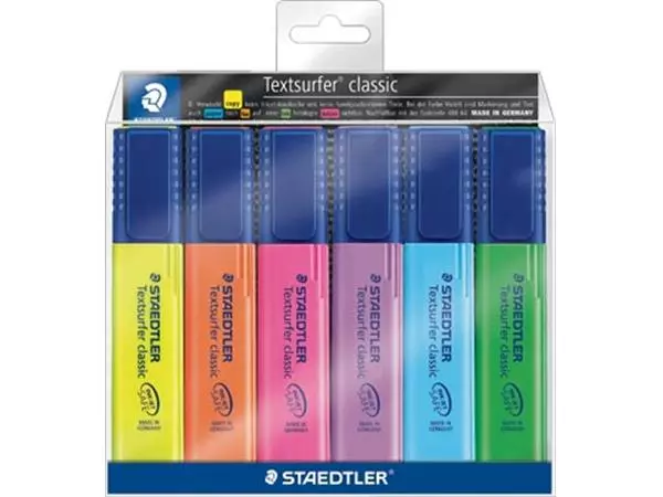 Een Staedtler Markeerstift Textsurfer Classic etui van 6 stuks: geel, oranje, roze, paars, blauw en groen koop je bij ShopXPress