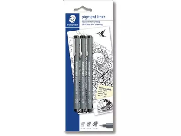 Een Staedtler fineliner Pigment Liner blister van 3 stuks: 0,1; 0,3 en 0,5 mm koop je bij ShopXPress