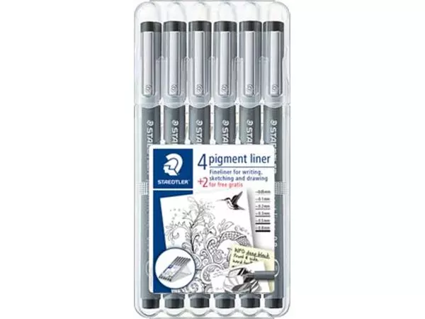 Een Staedtler pigment liner fineliner, ronde punt, verschillende schrijfbreedtes, etui van 4 + 2, zwart koop je bij ShopXPress