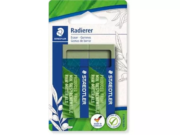 Een Staedtler gum Eco, olijfgroen, ft 65 x 23 x 13 mm, blister van 2 stuks koop je bij ShopXPress