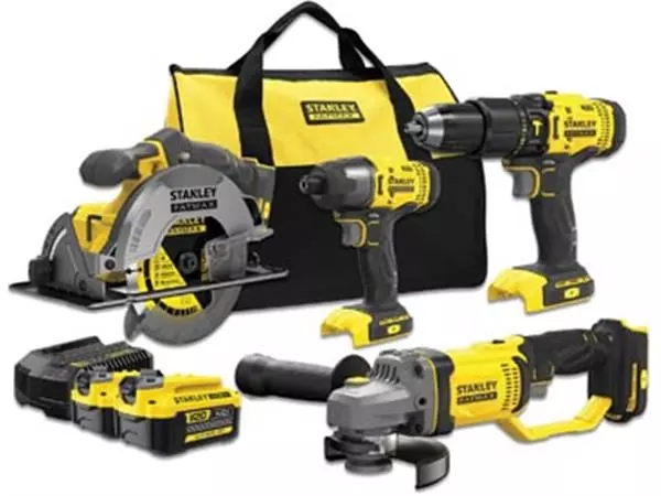 Een Stanley Fatmax schroefklopboor, slagschroevendraaier, cirkelzaag, haakse slijper 18V + 2 accu's + softbag koop je bij ShopXPress