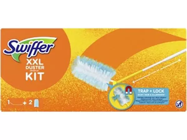 Een Swiffer Duster XXL starterskit + 2 stofdoekjes, in een doos koop je bij ShopXPress