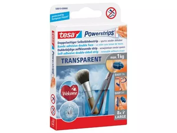 Een Tesa Powerstrips Transparent, draagkracht 1 kg, transparant, blister van 8 stuks koop je bij ShopXPress