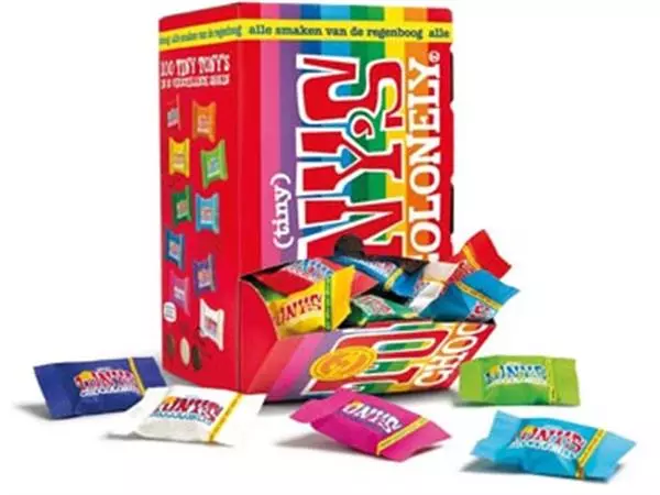 Een Tony's Chocolonely mini chocoladereep, 900g, doos van 100 stuks apart verpakt, mix koop je bij ShopXPress