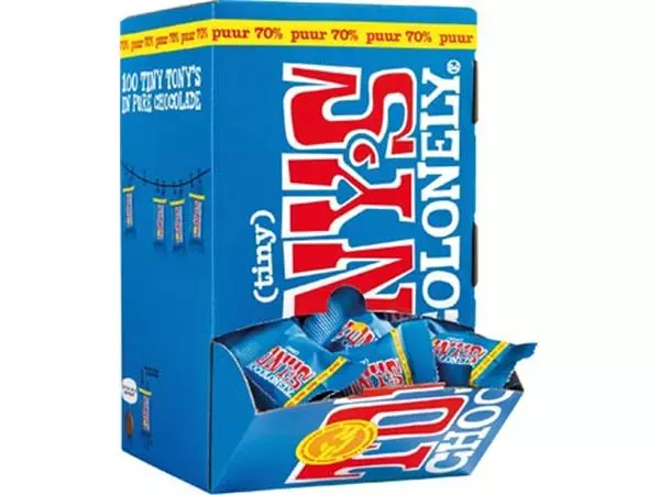 Een Tony's Chocolonely mini chocoladereep, 900g, doos van 100 stuks apart verpakt, puur koop je bij ShopXPress