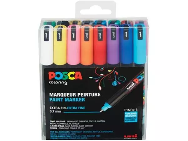 Een Uni-ball Paint Marker op waterbasis Posca PC-1MR, doos van 16 stuks in geassorteerde kleuren koop je bij ShopXPress