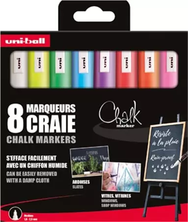 Een Uni-ball krijtmarker, ronde punt 1,8 - 2,5 mm, etui van 8 stuks, assorti koop je bij ShopXPress