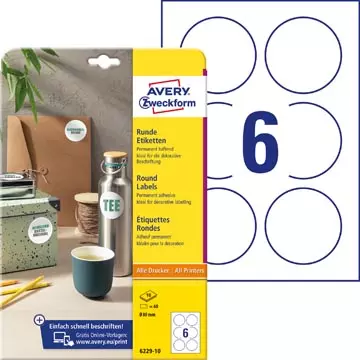 Een Avery Zweckform ronde etiketten, diameter 80 mm, wit, permanent klevend, 60 etiketten, 10 vellen koop je bij ShopXPress