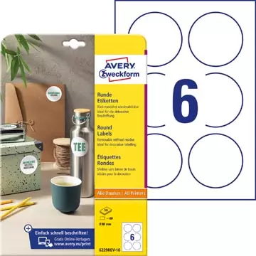 Een Avery Zweckform ronde etiketten, diameter 80 mm, wit, afneembaar, 60 etiketten, 10 vellen koop je bij ShopXPress