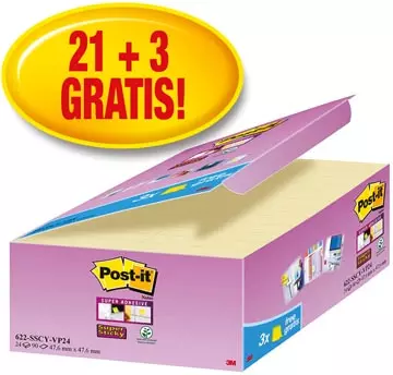 Een Post-it Super Sticky notes, 90 vel, ft 47,6 x 47,6 mm, geel, pak van 21 + 3 GRATIS koop je bij ShopXPress
