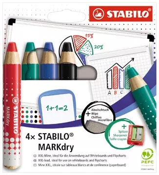 Een Stabilo MARKdry potlood voor whiteboards, etui van 4 stuks in geassorteerde kleuren koop je bij ShopXPress