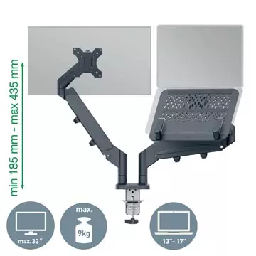 Een Leitz Ergo ruimtebesparende monitorarm, dubbele arm met 1 laptoparm, grijs koop je bij ShopXPress