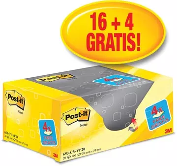 Een Post-it Notes, ft 38 x 51 mm, geel, blok van 100 vel, pak van 16 + 4 gratis koop je bij Supplierz BV