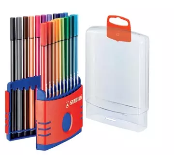 Een STABILO Pen 68 brush, ColorParade, rood-blauwe doos, 20 stuks in geassorteerde kleuren koop je bij ShopXPress