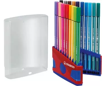 Een STABILO Pen 68 brush, ColorParade, rood-blauwe doos, 20 stuks in geassorteerde kleuren koop je bij ShopXPress