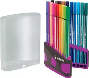 Een STABILO Pen 68 brush, ColorParade, lila-grijze doos, 20 stuks in geassorteerde kleuren koop je bij ShopXPress