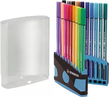 Een STABILO Pen 68 brush, ColorParade, blauw-grijze doos, 20 stuks in geassorteerde kleuren koop je bij ShopXPress