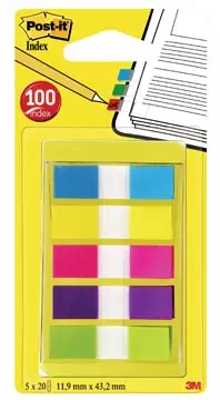 Een Post-it Index Smal, ft 11,9 x 43,2 mm, blister met 5 kleuren, 20 tabs per kleur koop je bij ShopXPress