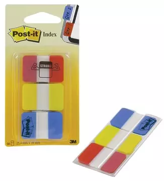 Een Post-it Index Strong, ft 25,4 x 38 mm, set van 3 kleuren (rood, geel en blauw), 22 tabs per kleur koop je bij ShopXPress